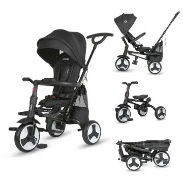 Ultra-foldable tricycle Coccolle Spectra Plus Premium Line, Reversible seat, XXL canopy, Accessory tray, 2 footrest sets, Freewheel system, Rubber wheels EVA, Jet Black
