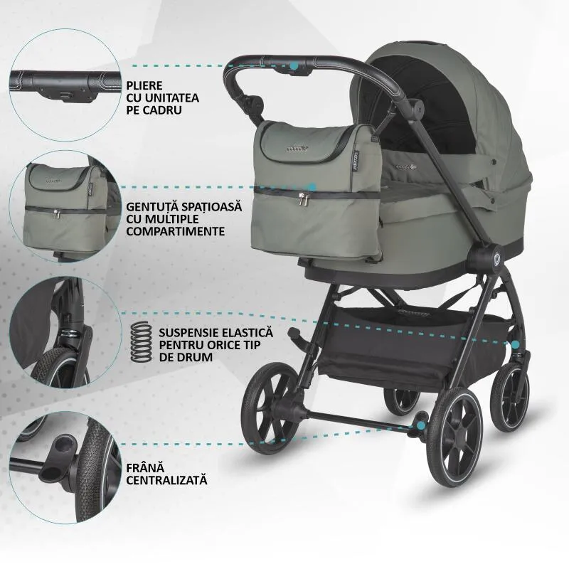 Modular 3-in-1 stroller Coccolle Serry Moss Green with i-Size infant car seat Coccolle Knox Black