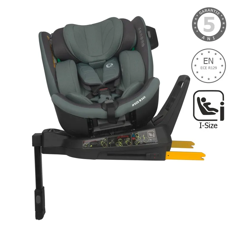 Scaun auto iSize Coccolle Mago Premium, cu picior de fixare, Isofix, 40-150 cm, 0-36 kg, Rotire 360 grade, Tetiera reglabila, Pozitie somn, Protectie impact lateral, Bara recul, Greenstone