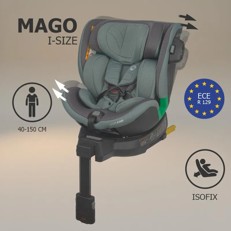 Scaun auto iSize Coccolle Mago Premium, cu picior de fixare, Isofix, 40-150 cm, 0-36 kg, Rotire 360 grade, Tetiera reglabila, Pozitie somn, Protectie impact lateral, Bara recul, Greenstone