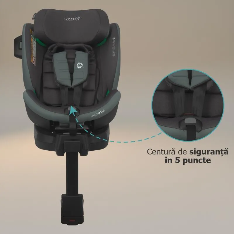 Scaun auto iSize Coccolle Mago Premium, cu picior de fixare, Isofix, 40-150 cm, 0-36 kg, Rotire 360 grade, Tetiera reglabila, Pozitie somn, Protectie impact lateral, Bara recul, Greenstone