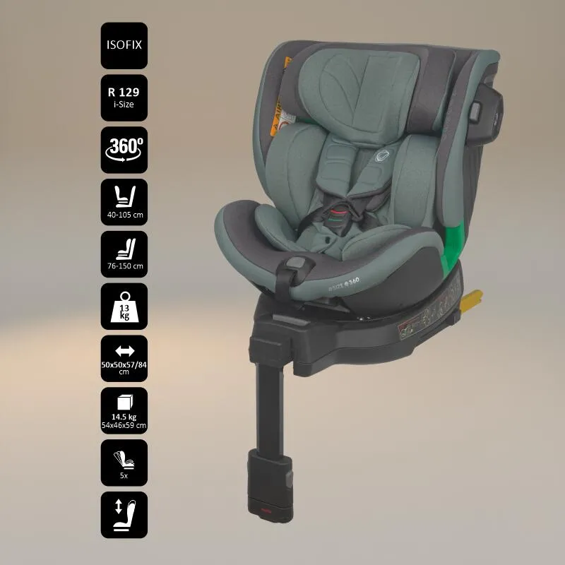 Scaun auto iSize Coccolle Mago Premium, cu picior de fixare, Isofix, 40-150 cm, 0-36 kg, Rotire 360 grade, Tetiera reglabila, Pozitie somn, Protectie impact lateral, Bara recul, Greenstone