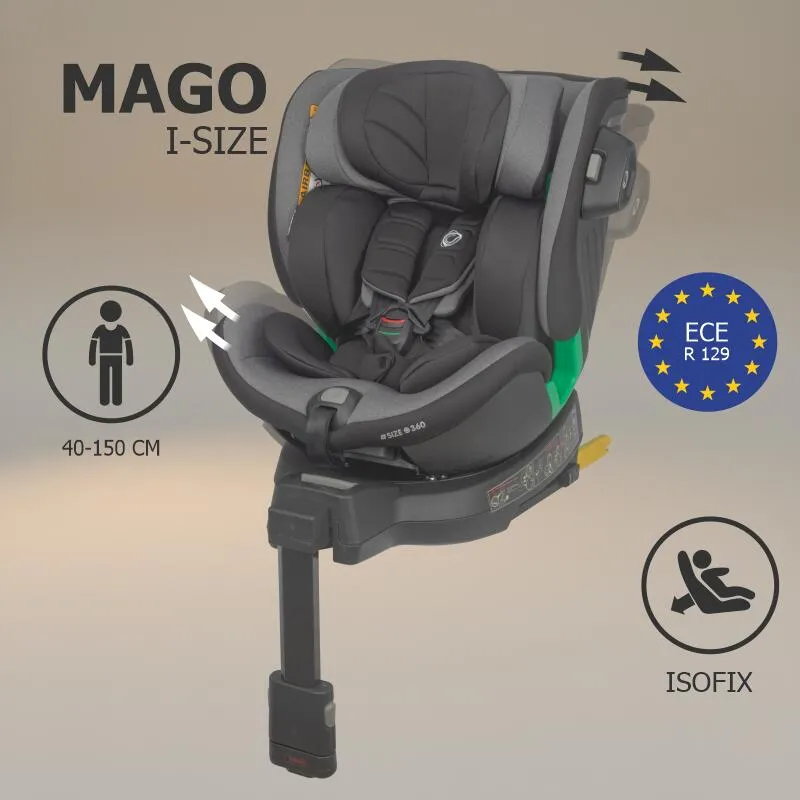Scaun auto iSize Coccolle Mago Premium, with support leg, Isofix, 40-150 cm, 0-36 kg, 360° rotation, Adjustable headrest, Pozitie somn, Side-impact protection, Anti-rebound bar, Neutral Grey