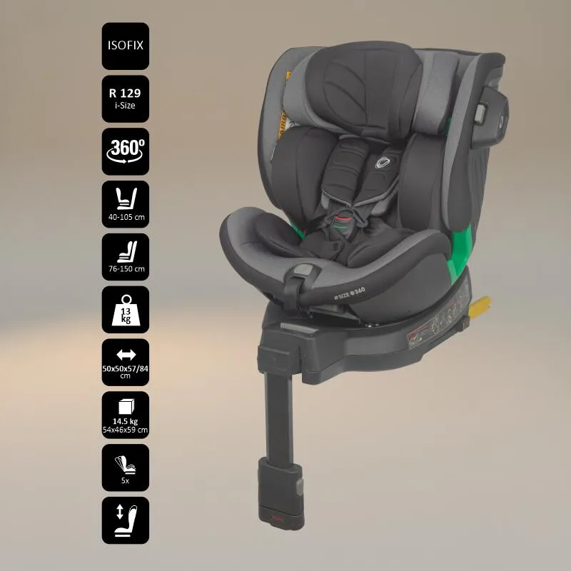 Scaun auto iSize Coccolle Mago Premium, with support leg, Isofix, 40-150 cm, 0-36 kg, 360° rotation, Adjustable headrest, Pozitie somn, Side-impact protection, Anti-rebound bar, Neutral Grey